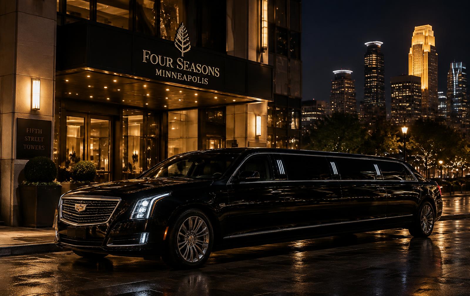 Luxury limo service Minneapolis black stretch limousine downtown at night