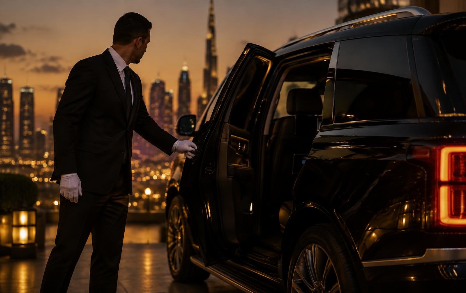 Black car service Minneapolis chauffeur opening luxury SUV door